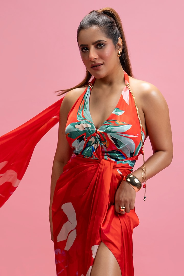 Red Armani Satin Placement Printed Draped Vacation Dress by Mandira Wirk - Resort at Pernia's Pop Up Shop
