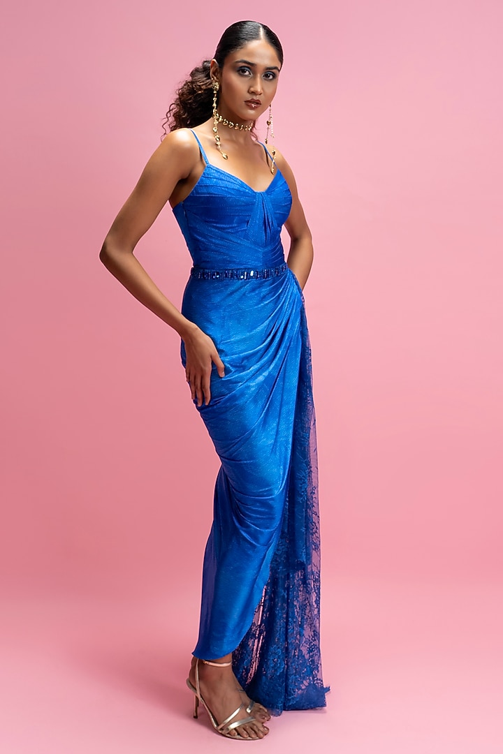 Blue Armani Satin Sculpted Maxi Cocktail Dress by Mandira Wirk - Resort at Pernia's Pop Up Shop