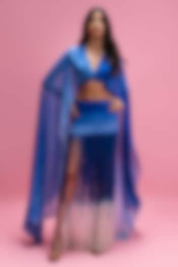 Blue Power Mesh & Chantilly Ombre Fringe Skirt Set by Mandira Wirk - Resort at Pernia's Pop Up Shop