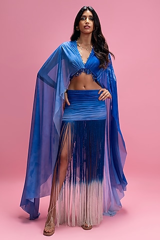 Blue Power Mesh & Chantilly Ombre Fringe Skirt Set by Mandira Wirk - Resort