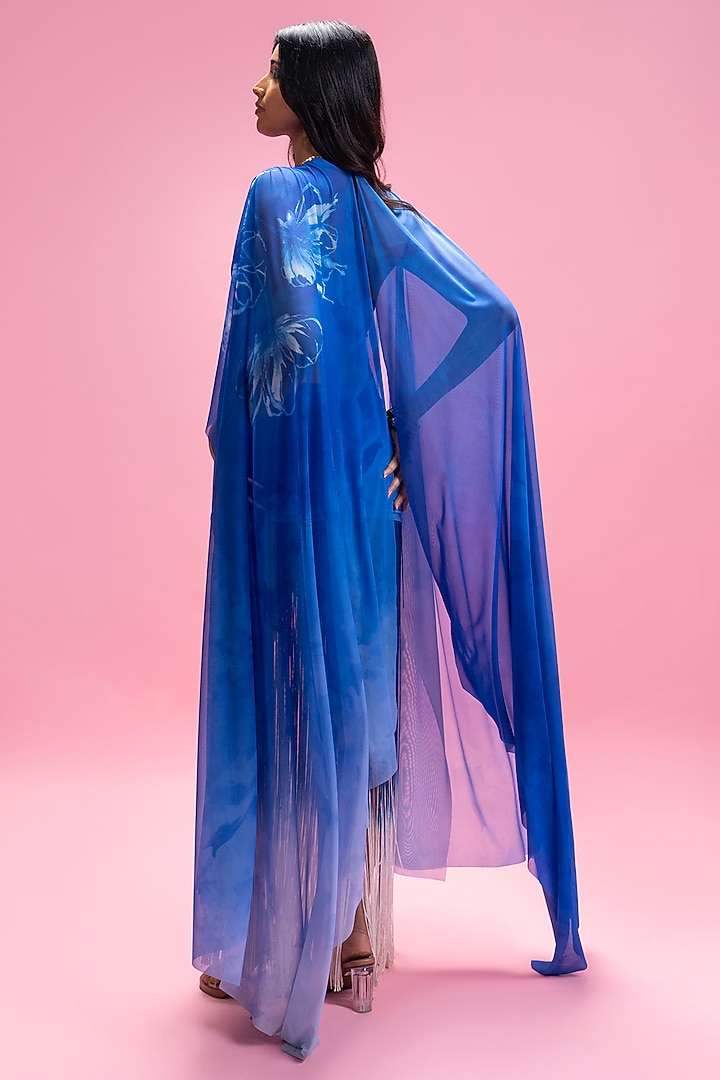 Blue Power Mesh & Chantilly Ombre Fringe Skirt Set by Mandira Wirk - Resort at Pernia's Pop Up Shop