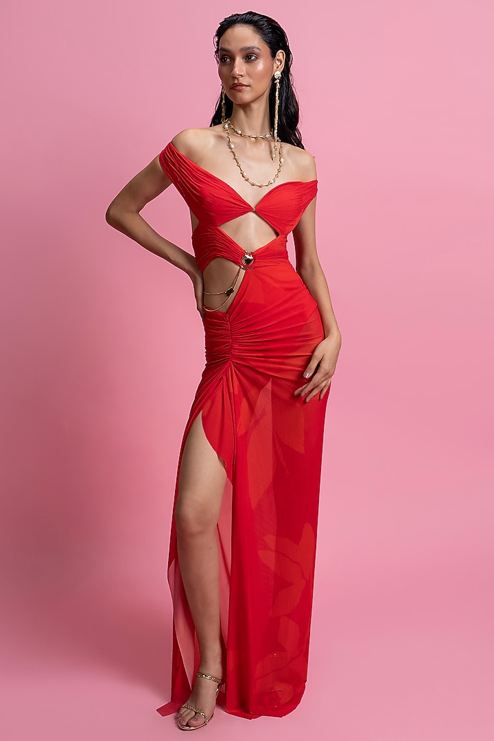 Red Power Mesh Off-Shoulder Draped Engagement Gown With Built-In Bodysuit by Mandira Wirk - Resort at Pernia's Pop Up Shop