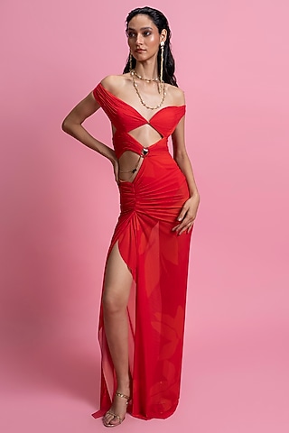 Red Power Mesh Off-Shoulder Draped Gown With Built-In Bodysuit by Mandira Wirk - Resort