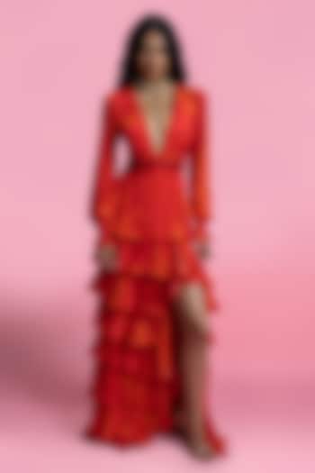 Red Chantilly & Viscose Chiffon Tiered Maxi Cocktail Dress by Mandira Wirk - Resort at Pernia's Pop Up Shop