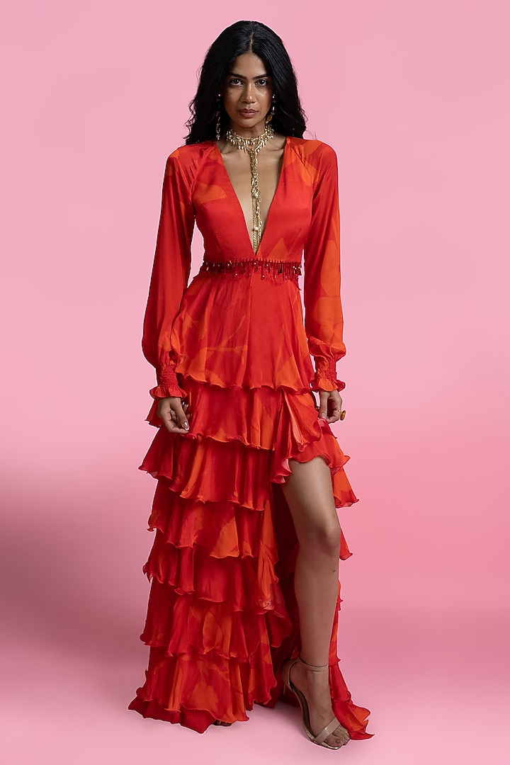 Red Chantilly & Viscose Chiffon Tiered Maxi Cocktail Dress by Mandira Wirk - Resort at Pernia's Pop Up Shop