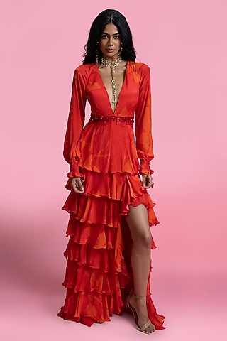 Red Chantilly & Viscose Chiffon Tiered Maxi Dress by Mandira Wirk - Resort