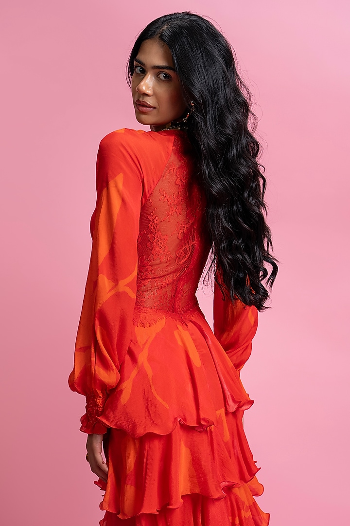Red Chantilly & Viscose Chiffon Tiered Maxi Cocktail Dress by Mandira Wirk - Resort at Pernia's Pop Up Shop