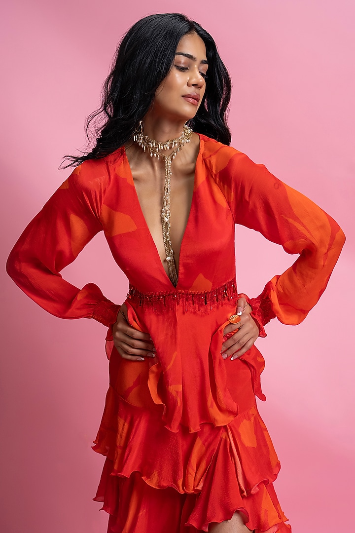 Red Chantilly & Viscose Chiffon Tiered Maxi Cocktail Dress by Mandira Wirk - Resort at Pernia's Pop Up Shop