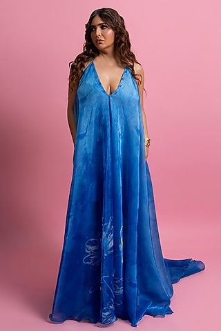 Blue Crystal Organza Embroidered Slip Maxi Dress by Mandira Wirk - Resort