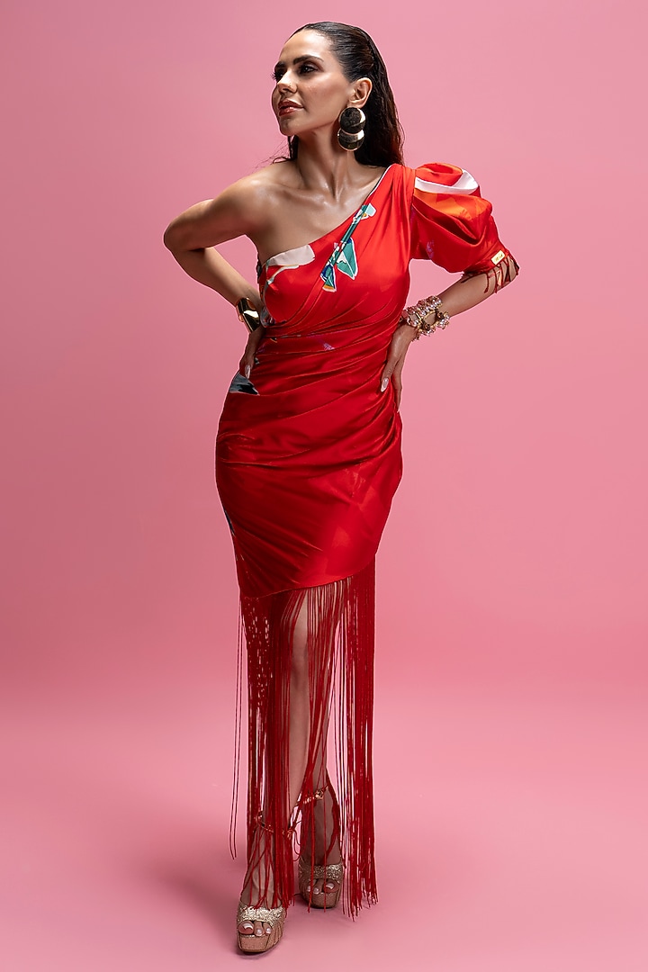 Red Armani Satin One Shoulder Draped Midi Vacation Dress by Mandira Wirk - Resort at Pernia's Pop Up Shop