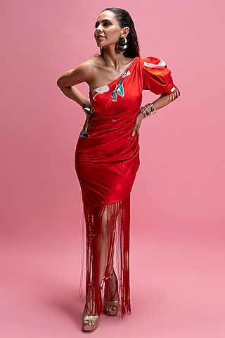 Red Armani Satin One Shoulder Draped Midi Dress by Mandira Wirk - Resort