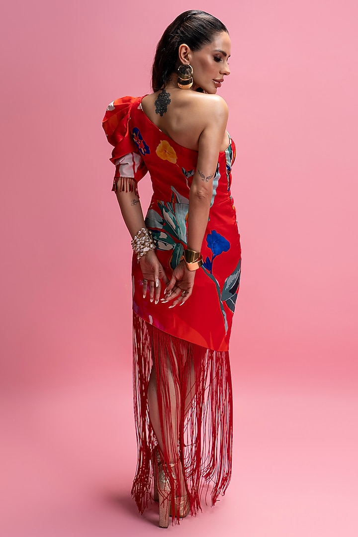 Red Armani Satin One Shoulder Draped Midi Vacation Dress by Mandira Wirk - Resort at Pernia's Pop Up Shop