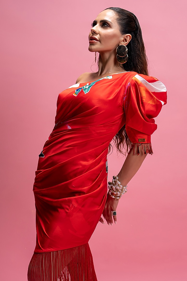 Red Armani Satin One Shoulder Draped Midi Vacation Dress by Mandira Wirk - Resort at Pernia's Pop Up Shop
