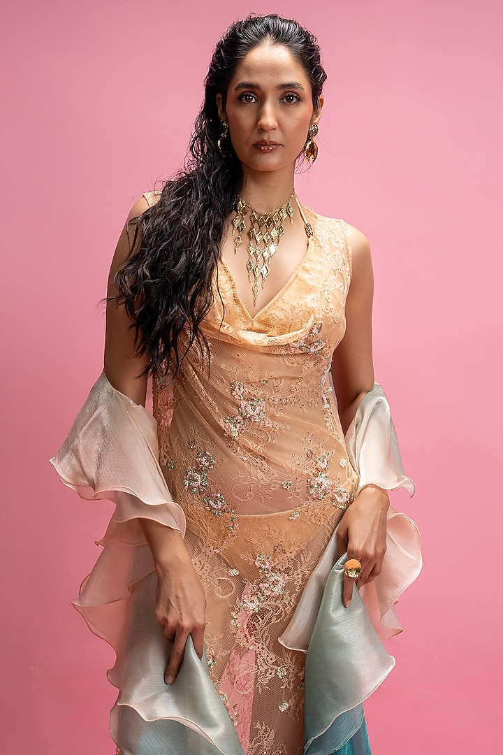 Ivory Chantilly Lace Embroidered Party Wear Dress With Bikini by Mandira Wirk - Resort at Pernia's Pop Up Shop