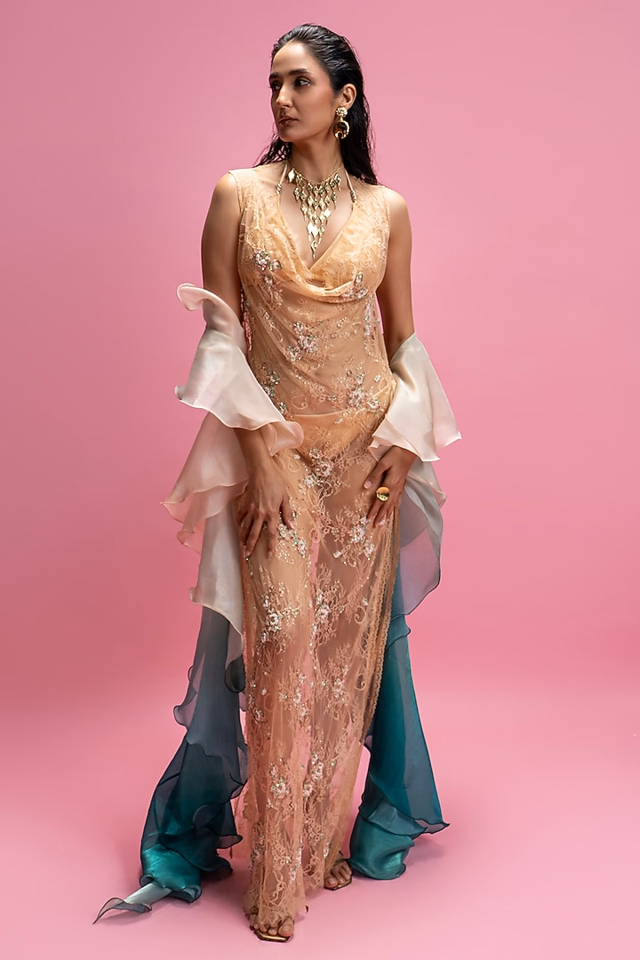 Ivory Chantilly Lace Embroidered Party Wear Dress With Bikini by Mandira Wirk - Resort at Pernia's Pop Up Shop