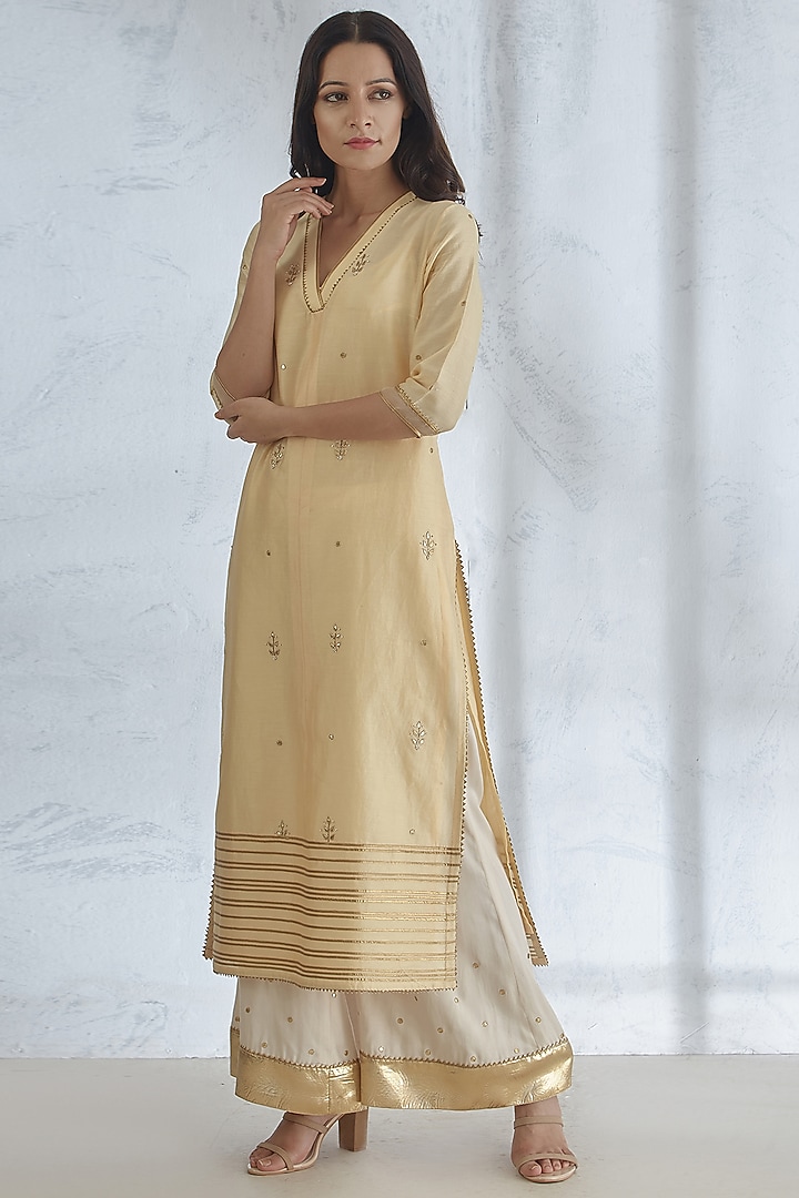 Pale Yellow & Ivory Embroidered Kurta Set by Mandira Wirk - Indian at Pernia's Pop Up Shop