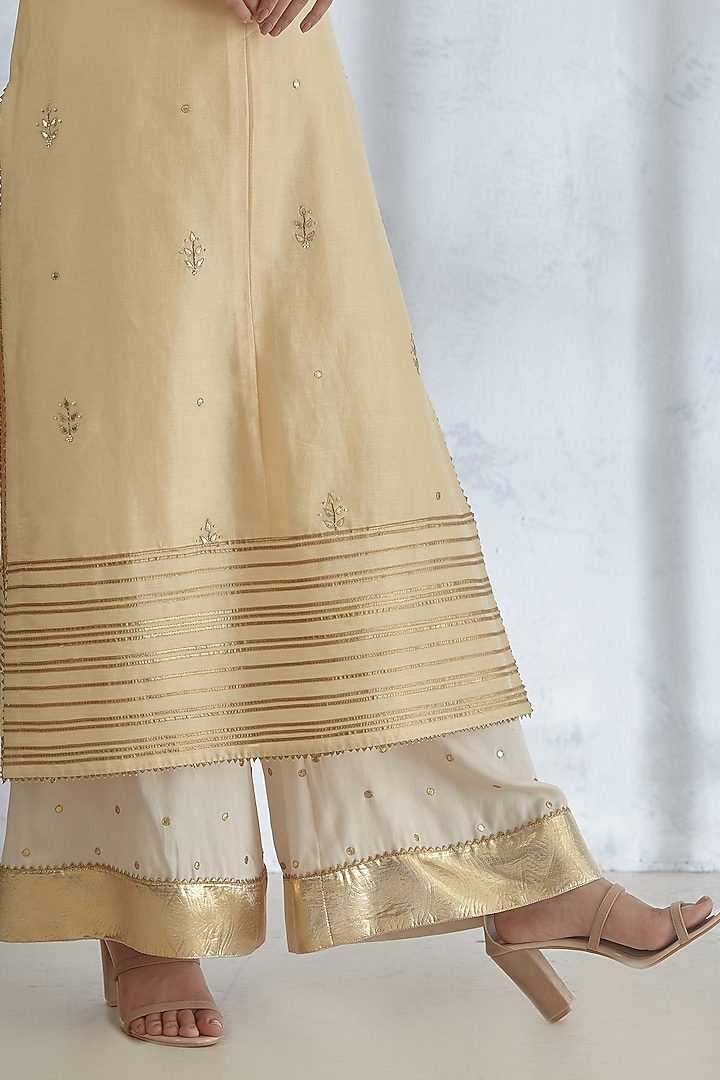 Pale Yellow & Ivory Embroidered Kurta Set by Mandira Wirk - Indian at Pernia's Pop Up Shop