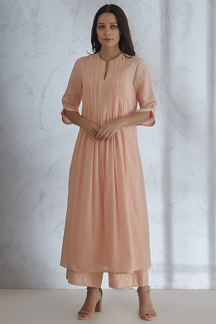 Peach Kurta Set With Pin Tucks by Mandira Wirk - Indian at Pernia's Pop Up Shop