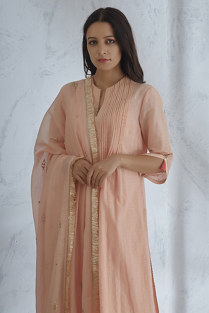 Peach Kurta Set With Pin Tucks by Mandira Wirk - Indian at Pernia's Pop Up Shop
