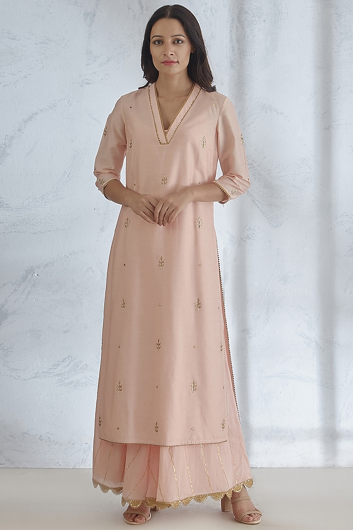 Peach Embroidered Kurta Set by Mandira Wirk - Indian at Pernia's Pop Up Shop