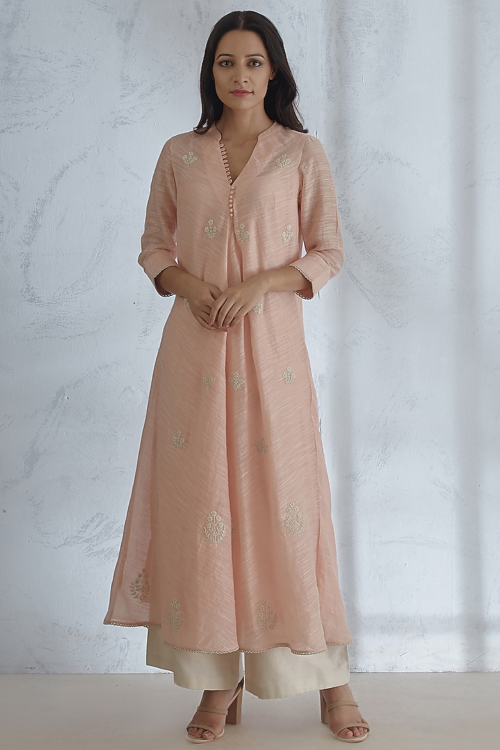 Peach Embellished Kurta With Palazzo Pants by Mandira Wirk at Pernia's Pop Up Shop