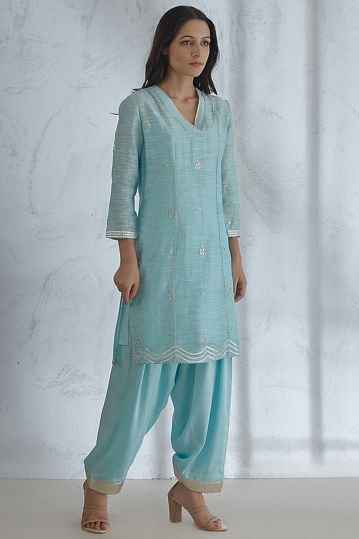 Light Blue Embroidered Kurta Set by Mandira Wirk - Indian at Pernia's Pop Up Shop
