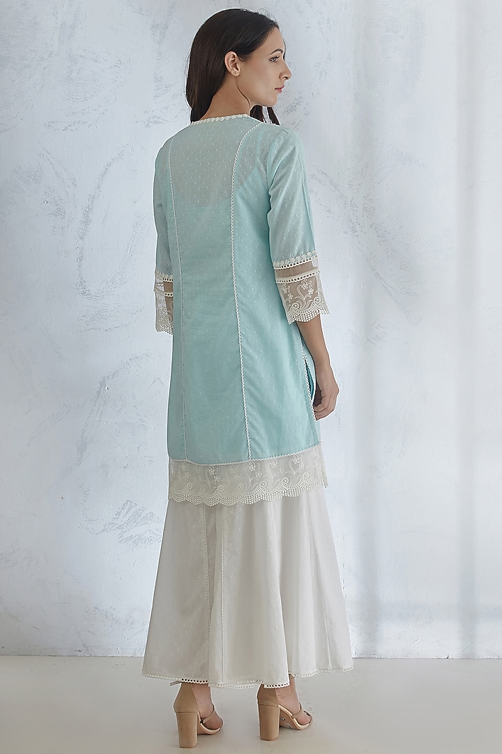 Light Blue Kurta Set With Lace Detailing by Mandira Wirk - Indian at Pernia's Pop Up Shop