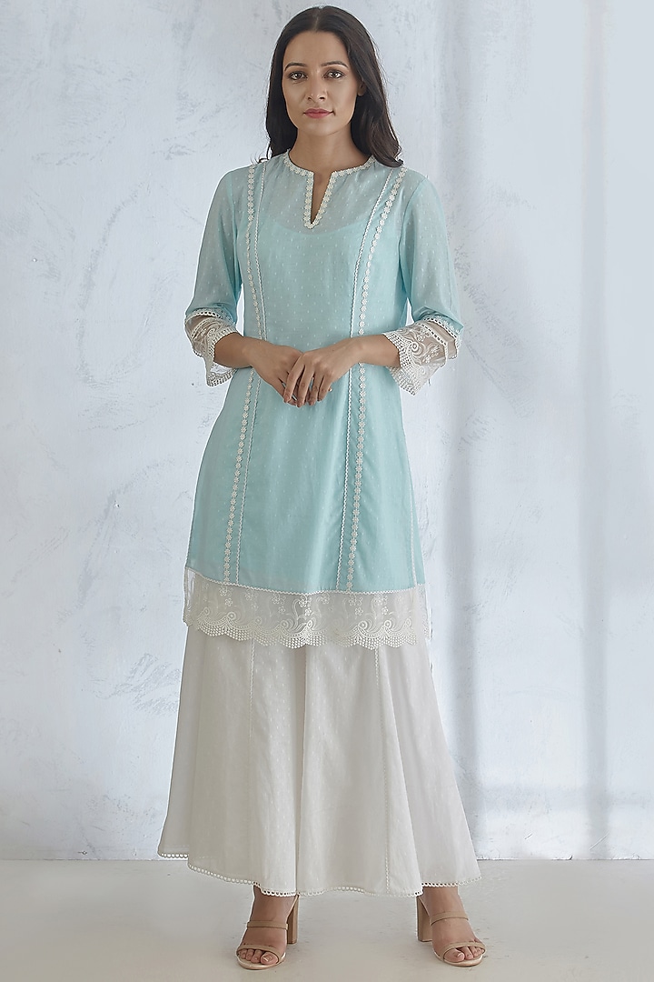 Light Blue Kurta Set With Lace Detailing by Mandira Wirk - Indian at Pernia's Pop Up Shop