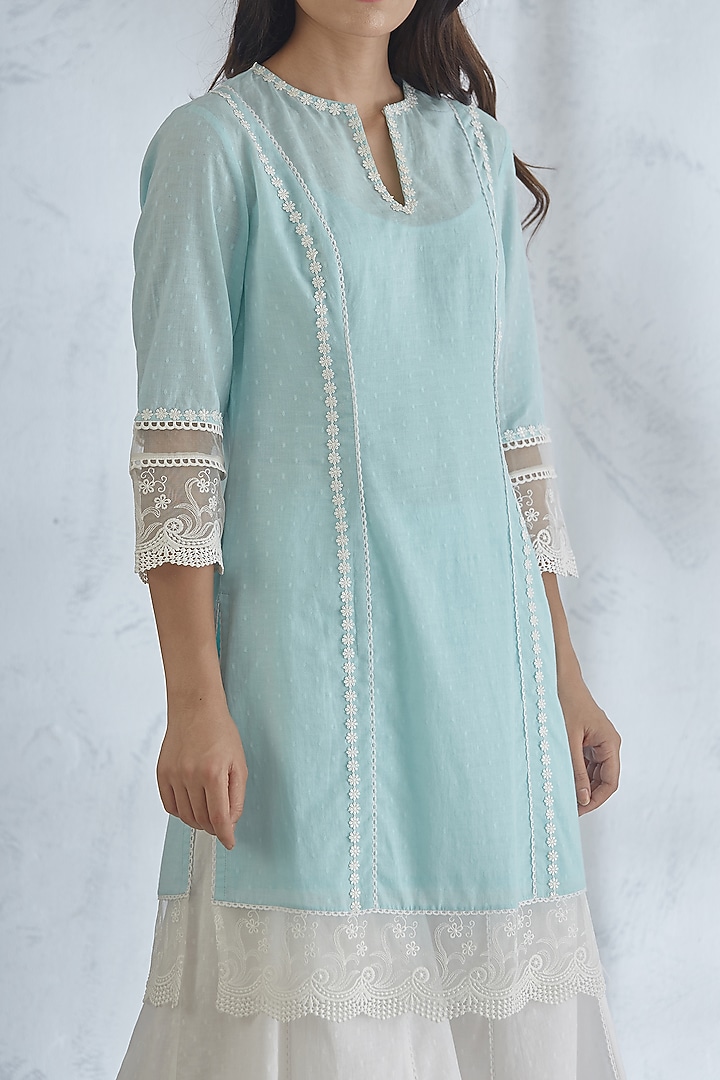 Light Blue Kurta Set With Lace Detailing by Mandira Wirk - Indian at Pernia's Pop Up Shop