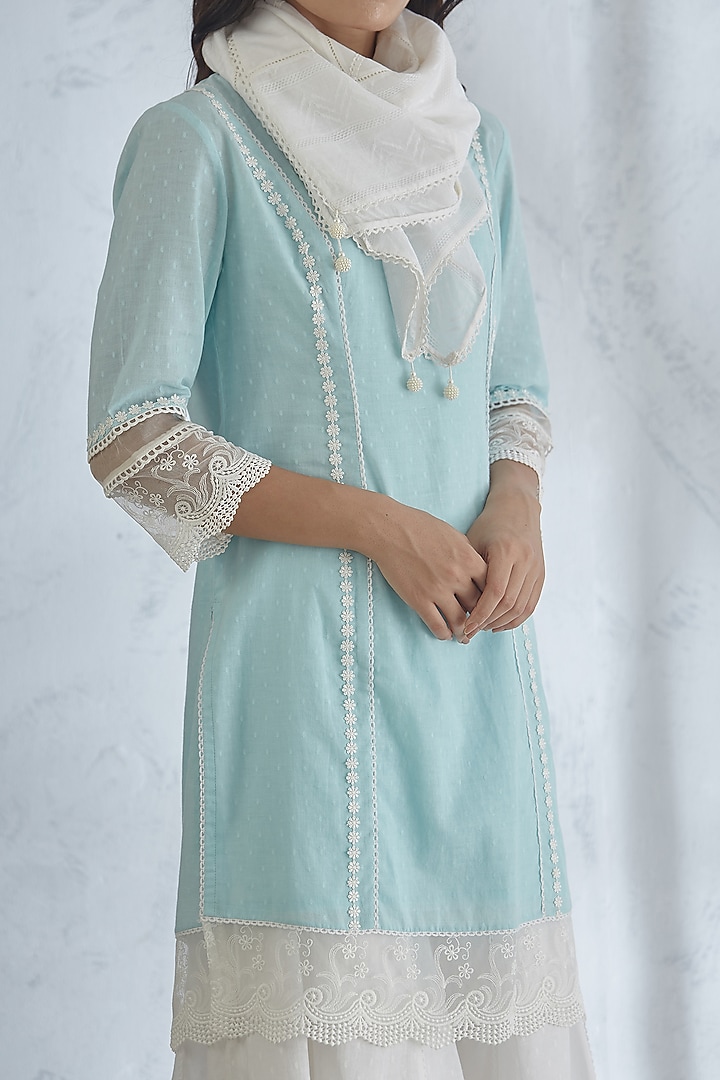Light Blue Kurta Set With Lace Detailing by Mandira Wirk - Indian at Pernia's Pop Up Shop