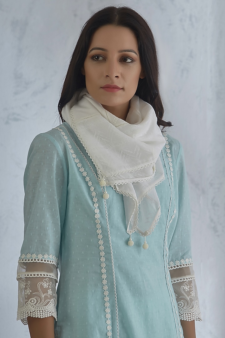 Light Blue Kurta Set With Lace Detailing by Mandira Wirk - Indian at Pernia's Pop Up Shop
