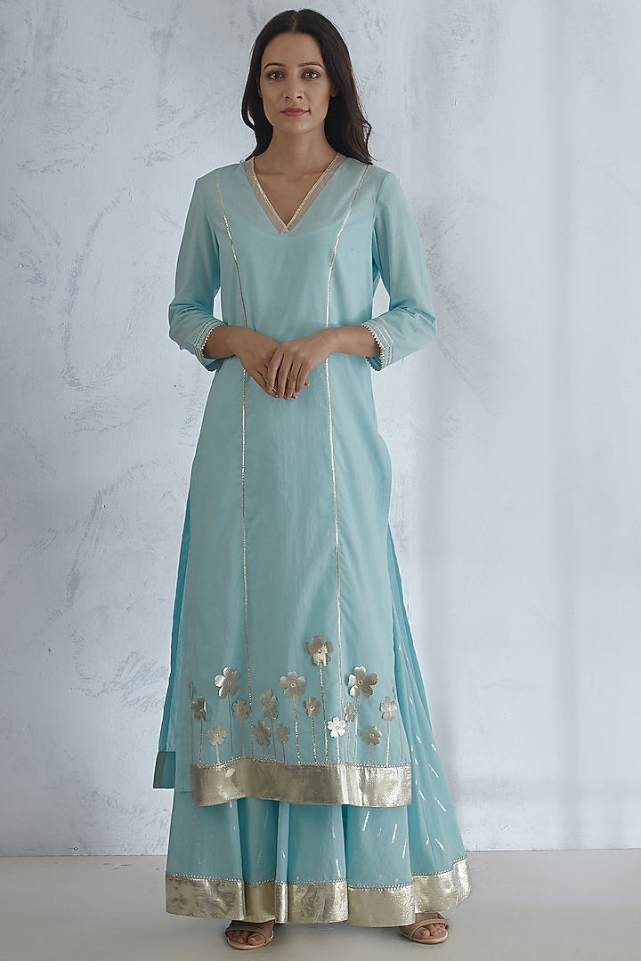Light Blue Embroidered Textured Kurta Set by Mandira Wirk - Indian at Pernia's Pop Up Shop
