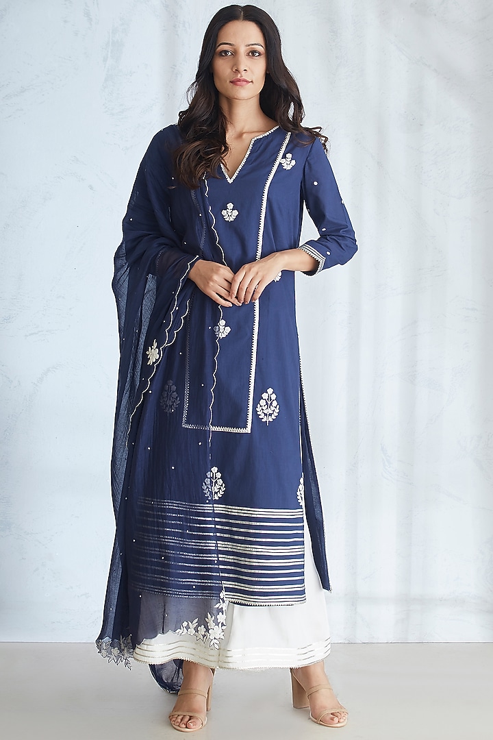 Navy Blue & Ivory Embellished Kurta Set by Mandira Wirk - Indian at Pernia's Pop Up Shop