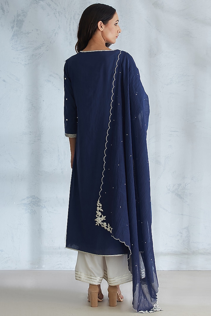 Navy Blue & Ivory Embellished Kurta Set by Mandira Wirk - Indian at Pernia's Pop Up Shop