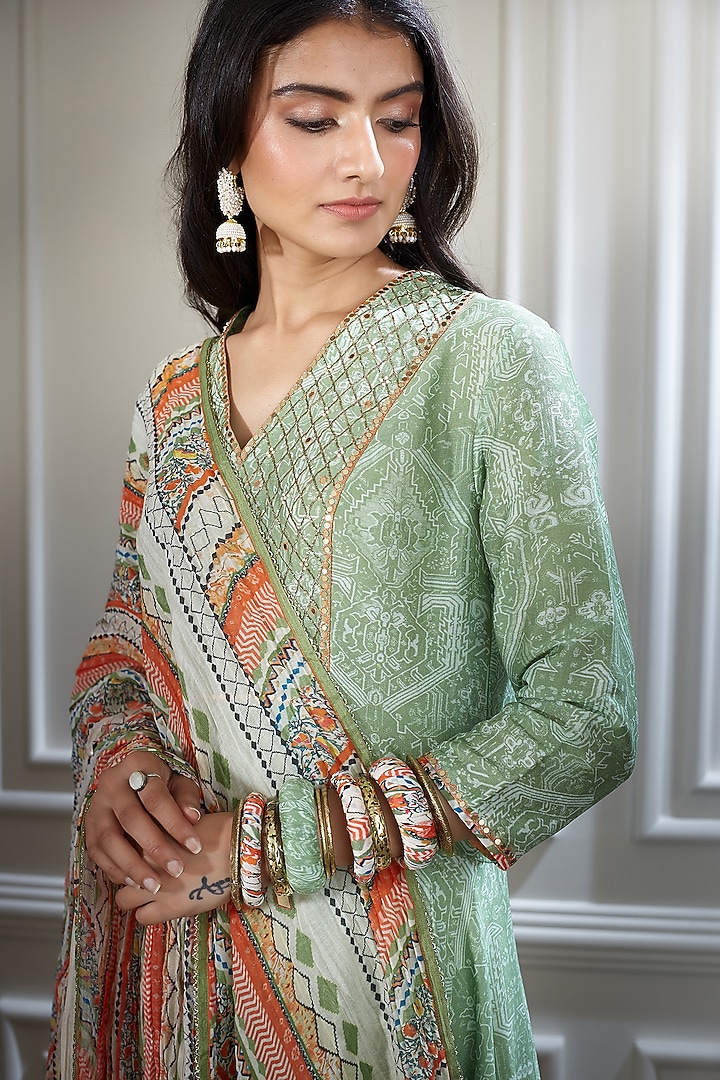 Green Embroidered & Printed Wedding Sharara Set by Mandira Wirk - Indian at Pernia's Pop Up Shop