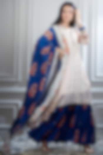 Ivory & Blue Sharara Set With Mirror Embellishment by Mandira Wirk