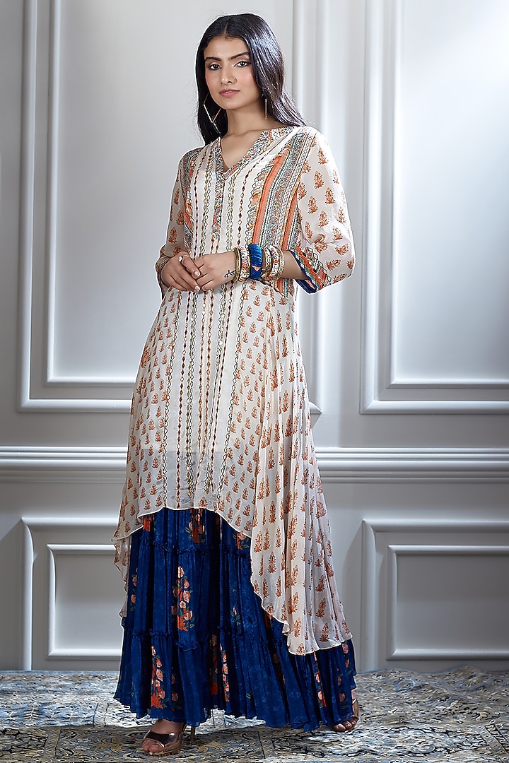 Ivory & Blue Wedding Sharara Set With Mirror Embellishment by Mandira Wirk - Indian at Pernia's Pop Up Shop