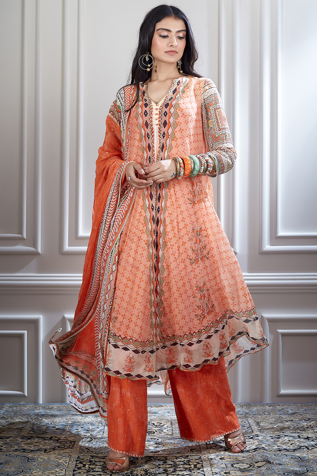 Orange & Red Printed Kurta Set by Mandira Wirk - Indian at Pernia's Pop Up Shop
