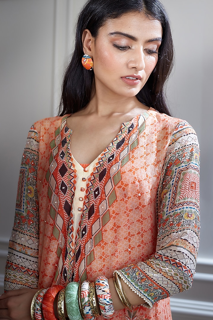 Orange & Red Printed Kurta Set by Mandira Wirk - Indian at Pernia's Pop Up Shop