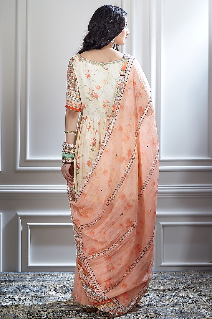 Ivory & Orange Printed Asymmetric Kurta Set by Mandira Wirk - Indian at Pernia's Pop Up Shop