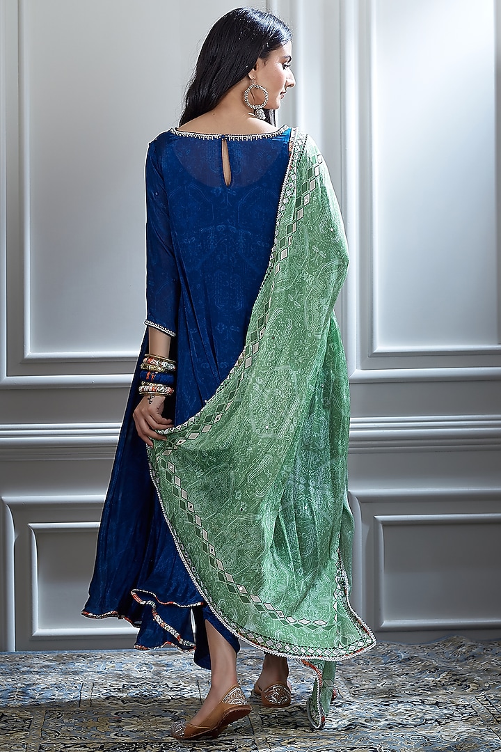 Blue Printed Asymmetric Kurta Set by Mandira Wirk - Indian at Pernia's Pop Up Shop