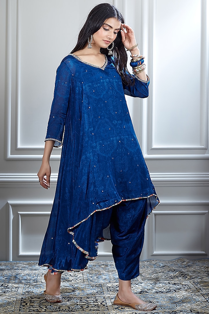 Blue Printed Asymmetric Kurta Set by Mandira Wirk - Indian at Pernia's Pop Up Shop