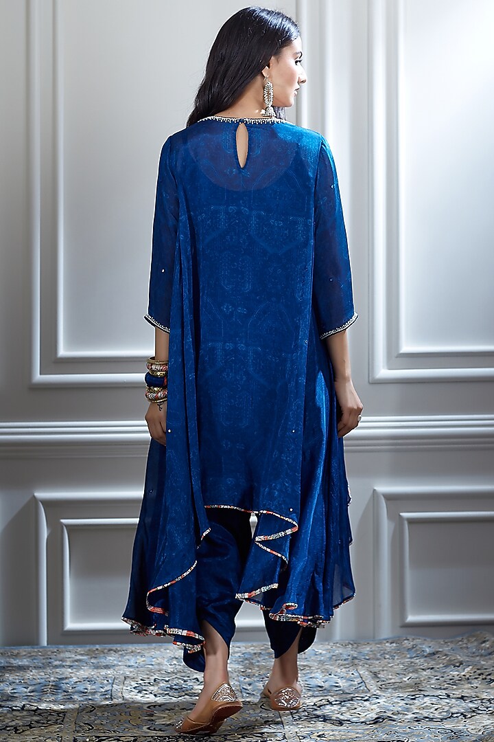 Blue Printed Asymmetric Kurta Set by Mandira Wirk - Indian at Pernia's Pop Up Shop