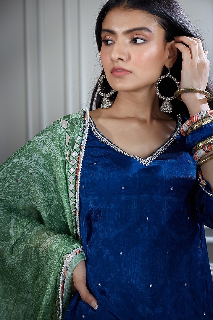 Blue Printed Asymmetric Kurta Set by Mandira Wirk - Indian at Pernia's Pop Up Shop