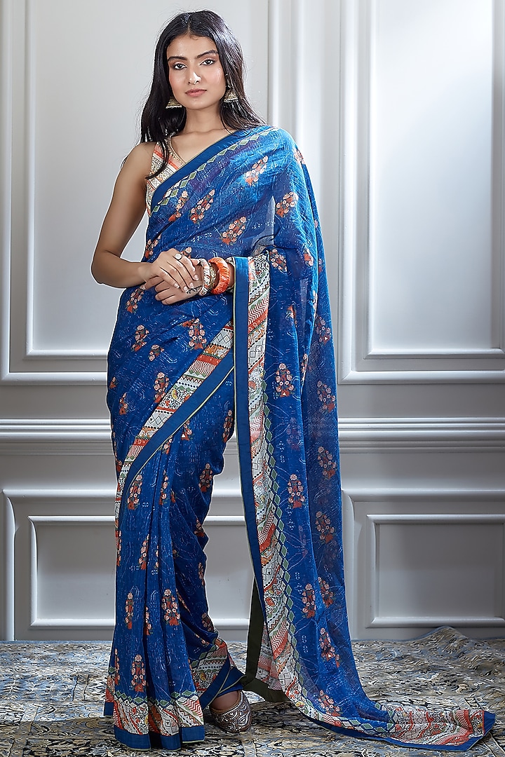 Blue Printed Saree Set by Mandira Wirk