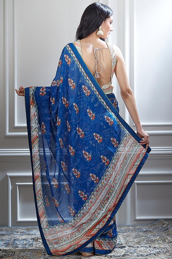 Blue Printed Wedding Saree Set by Mandira Wirk - Indian at Pernia's Pop Up Shop