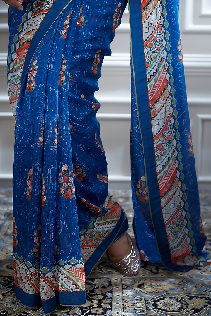 Blue Printed Wedding Saree Set by Mandira Wirk - Indian at Pernia's Pop Up Shop