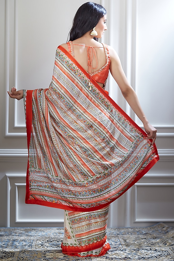 Ivory & Red Printed Wedding Saree Set by Mandira Wirk - Indian at Pernia's Pop Up Shop