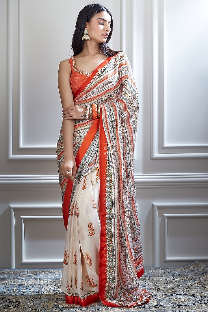 Ivory & Red Printed Wedding Saree Set by Mandira Wirk - Indian at Pernia's Pop Up Shop