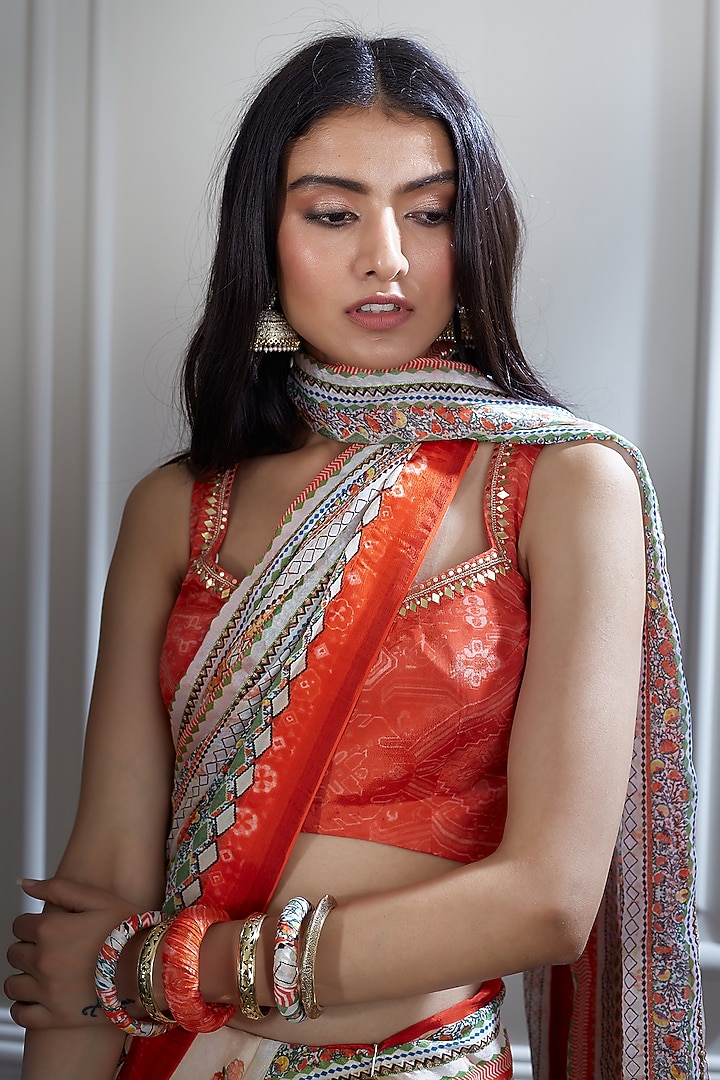 Ivory & Red Printed Wedding Saree Set by Mandira Wirk - Indian at Pernia's Pop Up Shop